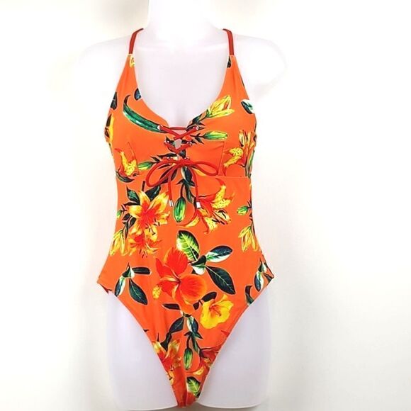 Cupshe Other - NWT Cupshe Tropical Orange Floral Lace Up One Piece Swimsuit Size L